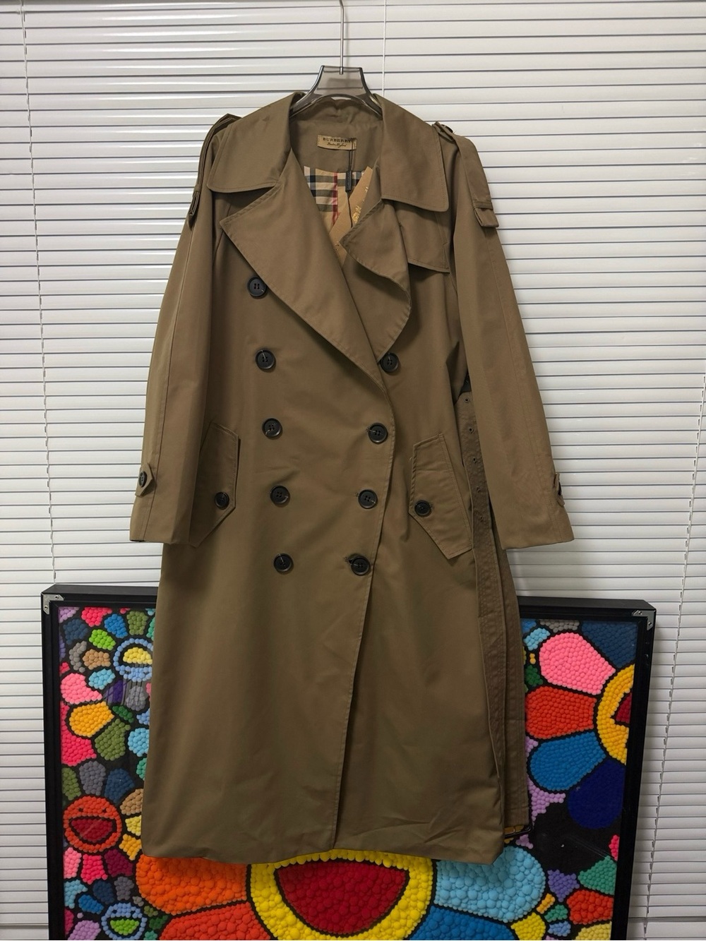 Burberry Khaki Double-Breasted Long Trench Coat with Check Lining